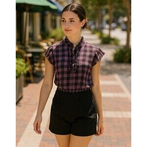 Women’s Ruffle Tank Top Sheer Blouse Summer Purple Black Plaid M Elastic Waist
